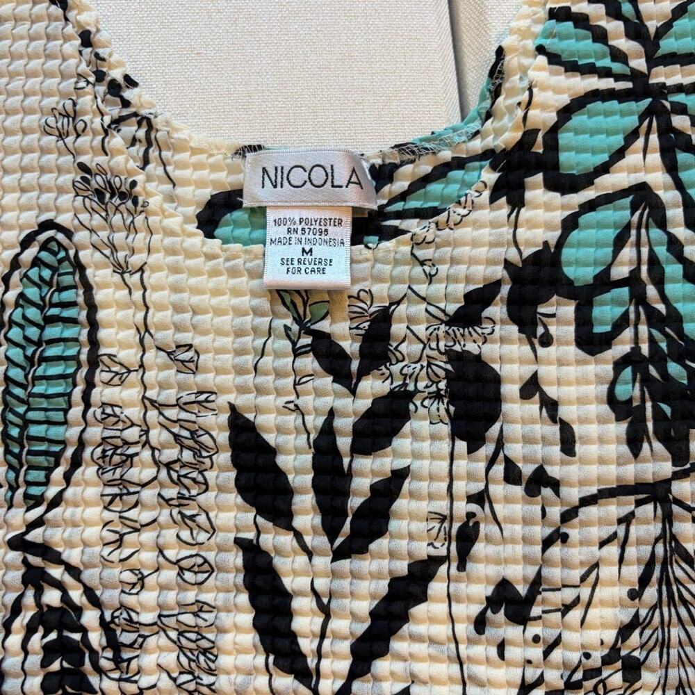Vintage 90s Nicola Floral Crinkle Tank Top Size M Blue Black - Picture 2 of 5